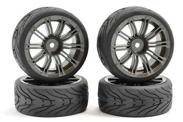 Fastrax 1:10 Street Treaded Tyres on 20 Spoke Gun Metal Wheels (4) — image 1 of 5