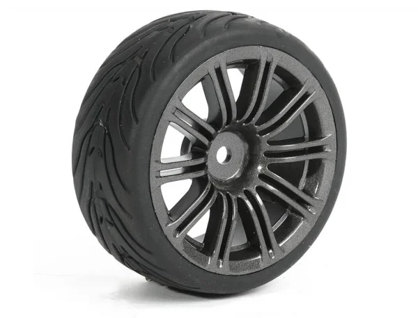 Fastrax 1:10 Street Treaded Tyres on 20 Spoke Gun Metal Wheels (4)