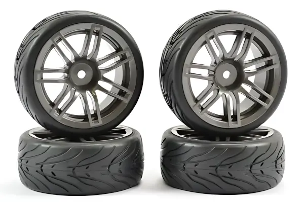 Fastrax 1:10 Street Treaded Tyres on 14 Spoke Gun Metal Wheels (4) — image 1 of 7