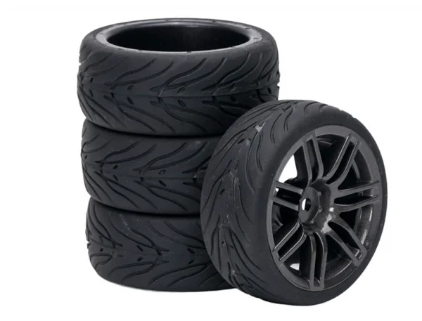 Fastrax 1:10 Street Treaded Tyres on 14 Spoke Gun Metal Wheels (4)