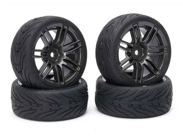 Fastrax 1:10 Street Treaded Tyres on 14 Spoke Gun Metal Wheels (4)