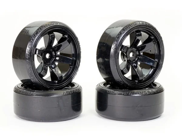 Fastrax 1:10 Street Drift Tyres Pre Mounted on 6-Spoke Black Wheels 12mm hex (6mm Offset) (4)