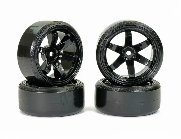 Fastrax 1:10 Street Drift Tyres Pre Mounted on 6-Spoke Black Wheels 12mm hex (6mm Offset) (4)