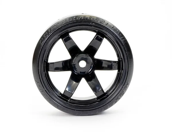 Fastrax 1:10 Street Drift Tyres Pre Mounted on 6-Spoke Black Wheels 12mm hex (6mm Offset) (4)
