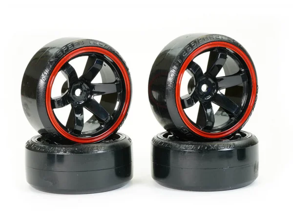 Fastrax 1:10 Street Drift Tyres Pre Mounted on 6-Spoke Black/Red Wheels 12mm hex (6mm Offset) (4) — image 3 of 5