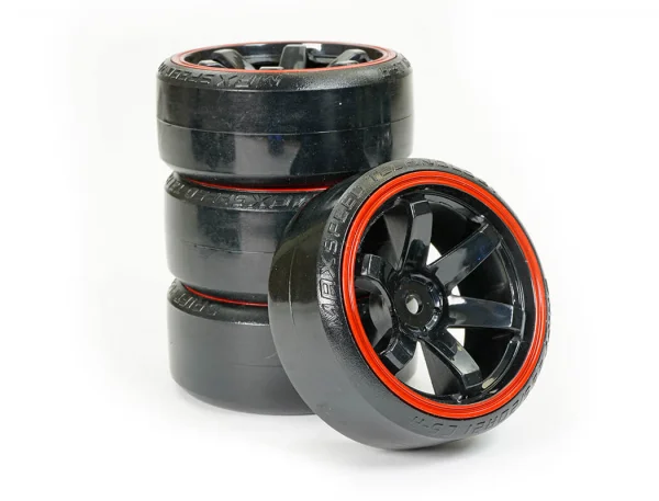 Fastrax 1:10 Street Drift Tyres Pre Mounted on 6-Spoke Black/Red Wheels 12mm hex (6mm Offset) (4) — image 4 of 5