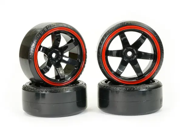 Fastrax 1:10 Street Drift Tyres Pre Mounted on 6-Spoke Black/Red Wheels 12mm hex (6mm Offset) (4) — image 6 of 6