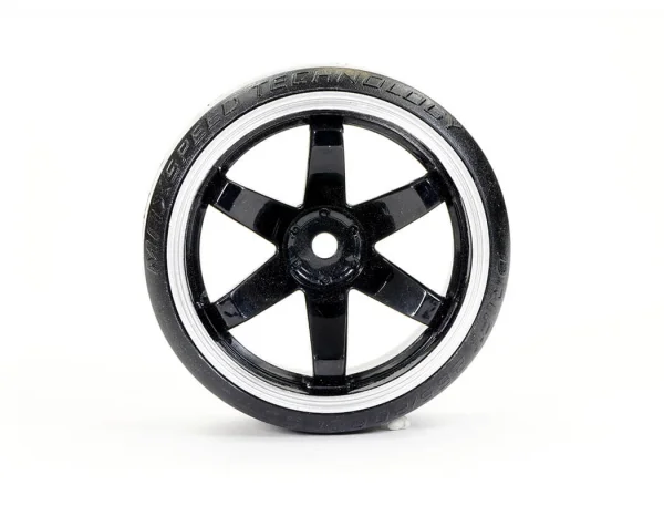 Fastrax 1:10 Street Drift Tyres Pre Mounted on 6-Spoke Black/White Wheels 12mm hex (6mm Offset) (4)