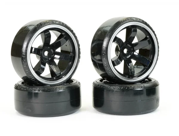 Fastrax 1:10 Street Drift Tyres Pre Mounted on 6-Spoke Black/White Wheels 12mm hex (6mm Offset) (4)
