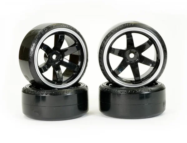 Fastrax 1:10 Street Drift Tyres Pre Mounted on 6-Spoke Black/White Wheels 12mm hex (6mm Offset) (4)