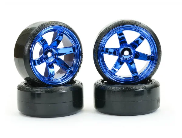 Fastrax 1:10 Street Drift Tyres Pre Mounted on 6-Spoke Blue Chrome Wheels 12mm hex (6mm Offset) (4)
