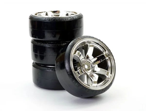 Fastrax 1:10 Street Drift Tyres Pre Mounted on 6-Spoke Chrome Wheels 12mm hex (6mm Offset) (4)