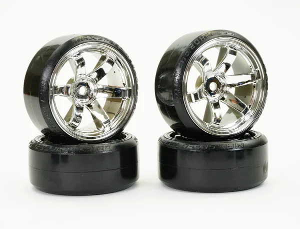 Fastrax 1:10 Street Drift Tyres Pre Mounted on 6-Spoke Chrome Wheels 12mm hex (6mm Offset) (4)