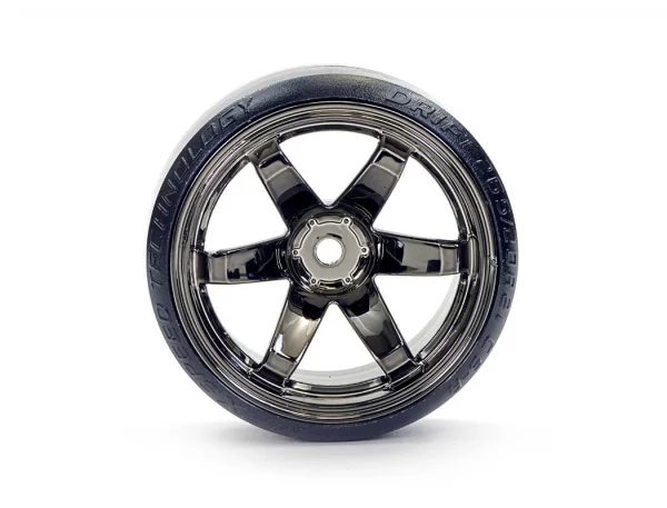 Fastrax 1:10 Street Drift Tyres Pre Mounted on 6-Spoke Grey Shadow Chrome Wheels (6mm Offset) 12mm hex (4)
