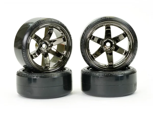 Fastrax 1:10 Street Drift Tyres Pre Mounted on 6-Spoke Grey Shadow Chrome Wheels (6mm Offset) 12mm hex (4)