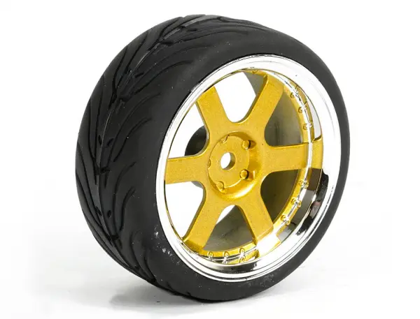 Fastrax 1:10 Street Treaded Tyres on 6 Spoke Gold/Chrome Wheels (4) — image 7 of 7
