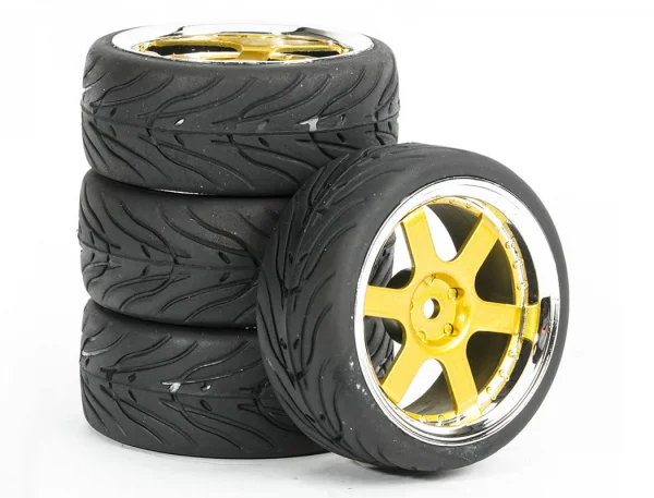 Fastrax 1:10 Street Treaded Tyres on 6 Spoke Gold/Chrome Wheels (4) — image 6 of 6