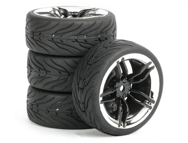 Fastrax 1:10 Street Tread Tyres on 10 Spoke Black/Chrome Wheels (4)