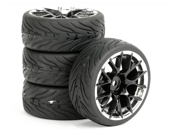 Fastrax 1:10 Street Tread Tyres Mounted on 14 Spoke Black/Chrome Wheels (4)