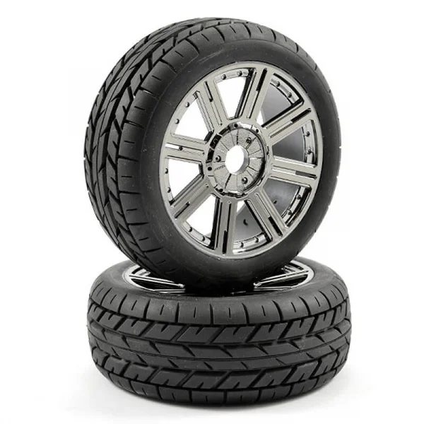 Fastrax 1:8 Eagle Road Tread Tyres Mounted on Black Chrome Wheels (2)