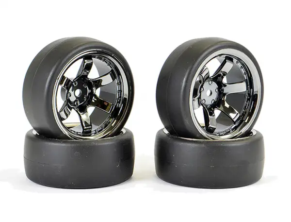 Fastrax Drift D1 Tyres Mounted on 9mm Offset 6 Spoke Black Chrome Wheels (4) &mdash; image 4 of 5