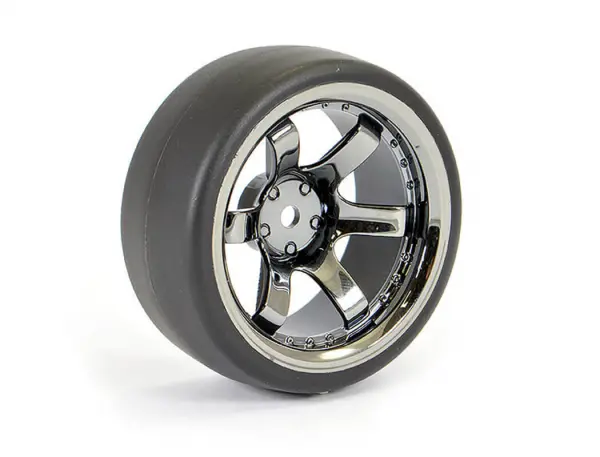 Fastrax Drift D1 Tyres Mounted on 9mm Offset 6 Spoke Black Chrome Wheels (4) &mdash; image 5 of 5