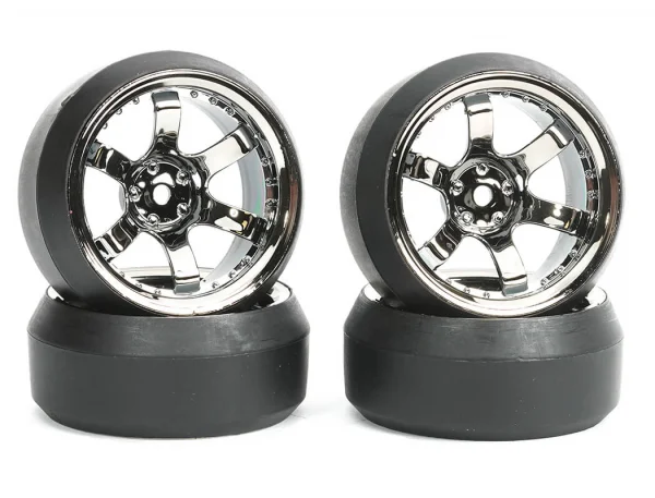 Fastrax 1:10 (4) Drift D3 Tyre With 9mm 6-Spoke Wheel - Black Chrome