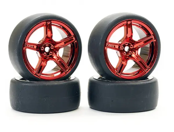 Fastrax Drift D1 Tyres Mounted on 3mm Offset 6 Spoke Metallic Red Wheels (4) &mdash; image 6 of 7