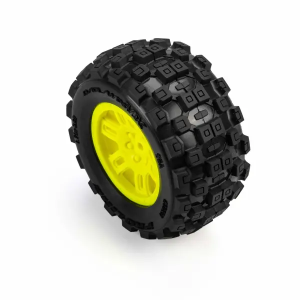 ProLine 1:16 Badlands MX Tires Mounted on Yellow Split Six 12mm Hex Wheels (2) &mdash; image 2 of 7