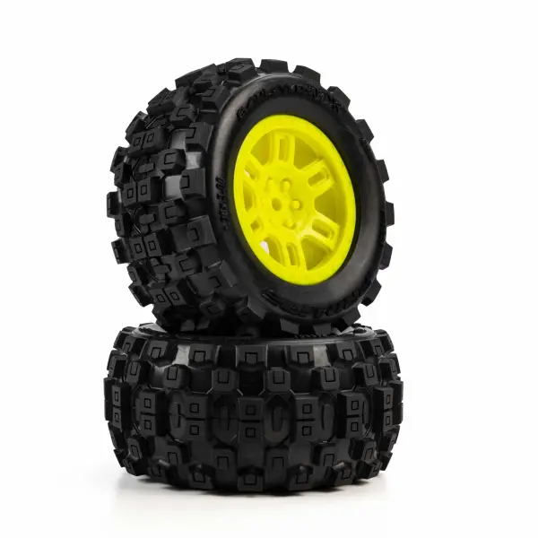 ProLine 1:16 Badlands MX Tires Mounted on Yellow Split Six 12mm Hex Wheels (2) &mdash; image 4 of 7