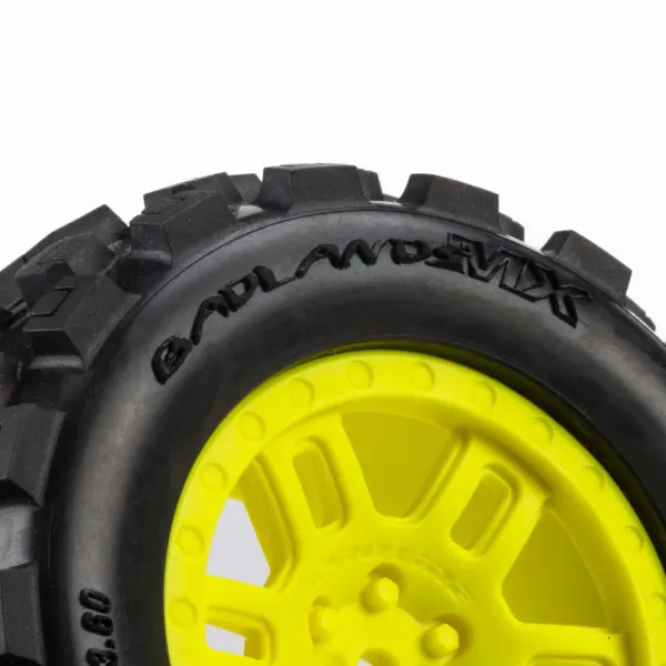 ProLine 1:16 Badlands MX Tires Mounted on Yellow Split Six 12mm Hex Wheels (2) &mdash; image 5 of 7