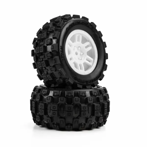 ProLine 1:16 Badlands MX Tires Mounted on White Split Six 12mm Hex Wheels (2) — image 4 of 7