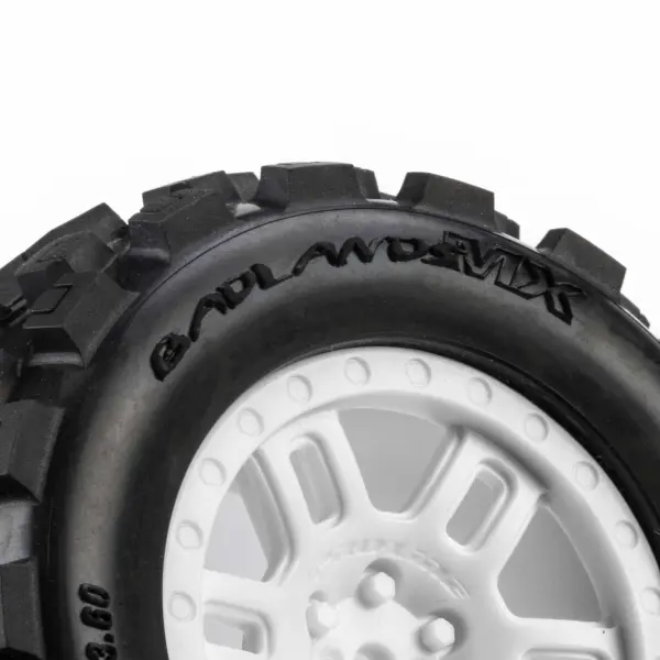 ProLine 1:16 Badlands MX Tires Mounted on White Split Six 12mm Hex Wheels (2) — image 5 of 7