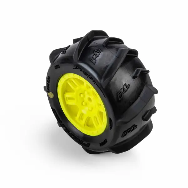 ProLine 1:16 Dumont Paddle Tires Mounted on Yellow Split Six 12mm Hex Wheels (2) &mdash; image 2 of 7
