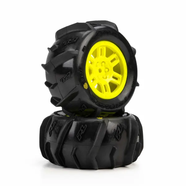 ProLine 1:16 Dumont Paddle Tires Mounted on Yellow Split Six 12mm Hex Wheels (2) &mdash; image 3 of 7