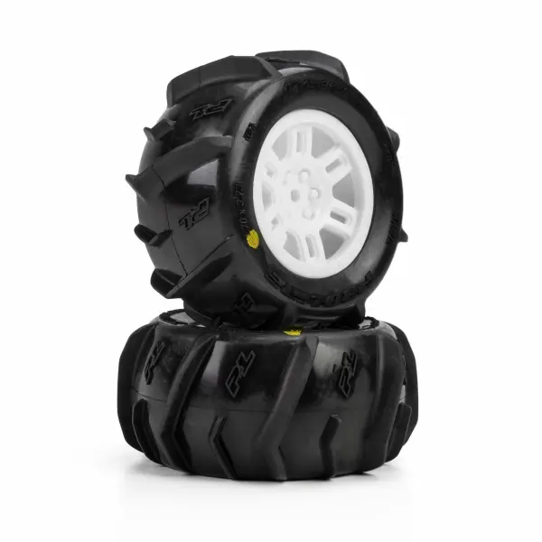 ProLine 1:16 Dumont Paddle Tires Mounted on White Split Six 12mm Hex Wheels (2) &mdash; image 3 of 7