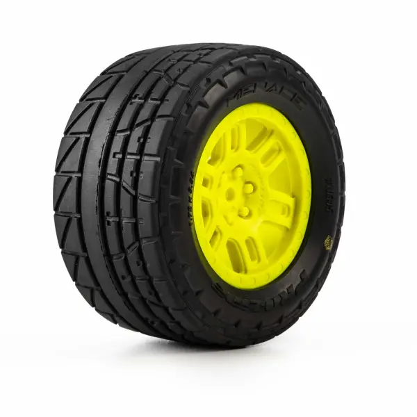 ProLine 1:16 Menace Street Tires Mounted on Yellow Split Six 12mm Hex Wheels (2) — image 1 of 7
