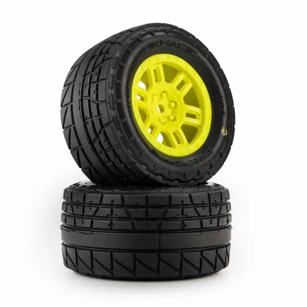 ProLine 1:16 Menace Street Tires Mounted on Yellow Split Six 12mm Hex Wheels (2) — image 4 of 7