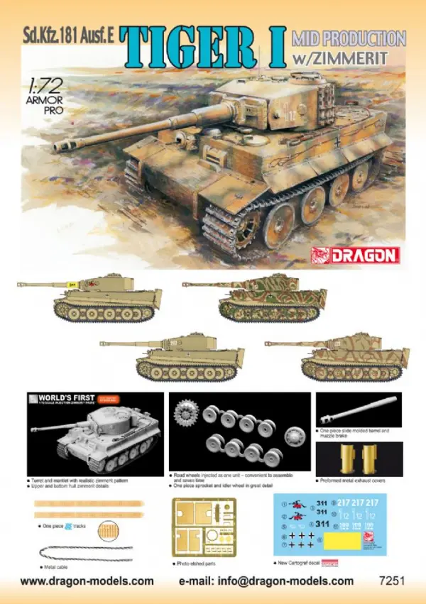 Dragon 1/72 Tiger 1 Mid Prod W Zimmerit Co &mdash; image 2 of 2