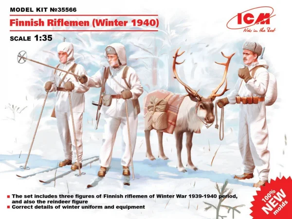 Finnish Riflemen (Winter 1940) (4 figures - 3 rifleman - 1 reindeer)