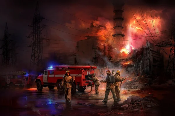 Chernobyl #2 Fire Fighters (AC-40-137A Fire Truck - 4 Figures & Diorama Base with Background)