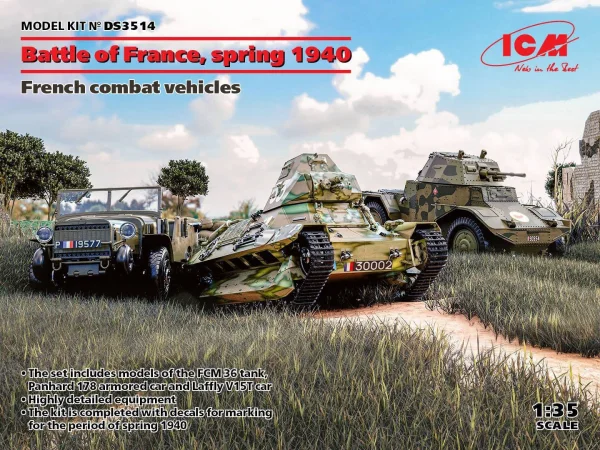 Battle of France - spring 1940. French combat vehicles (Panhard 178 AMD-35 - FCM 36 - Laffly V15T)