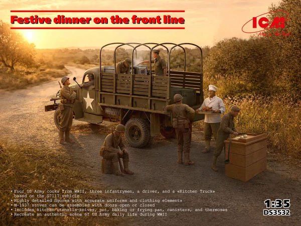 Festive dinner on the front line (WWII US Army Kitchen Truck - US Field Stove M1937 with cooks)