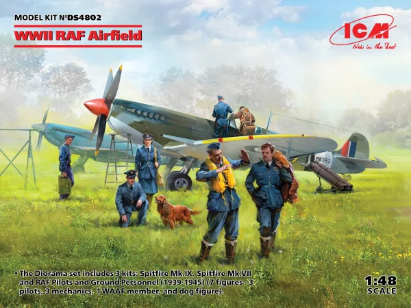 WWII RAF Airfield Diorama Set with 7 Figures & 2 Spitfires