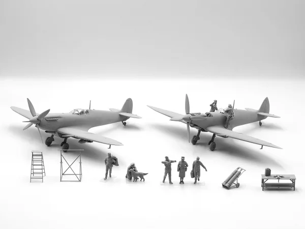 WWII RAF Airfield Diorama Set with 7 Figures & 2 Spitfires
