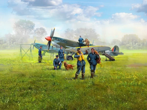 WWII RAF Airfield Diorama Set with 7 Figures & 2 Spitfires