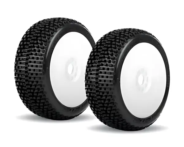 Jetko Dirt Slinger Soft 1:8 Buggy Tyres Pre Glued on White Revo Rims (2) — image 1 of 3