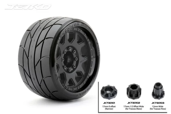 Jetko Extreme Super Sonic MAXX Belted Tyres on 3.8 Black 17mm/12mm Hex Wheels (2)