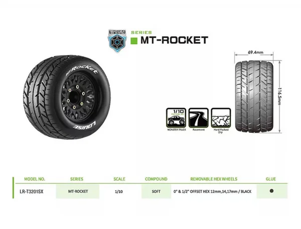 Louise RC MT-Rocket Tyres Pre Glued on Black Wheels With Adjustable 12/14/17mm Hex (2)