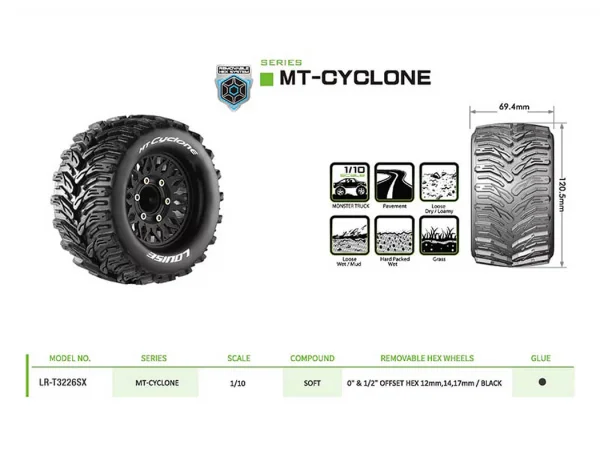 Louise RC MT-Cyclone Tyres Pre Glued on Black Wheels With Adjustable 12/14/17mm Hex (2) — image 5 of 5
